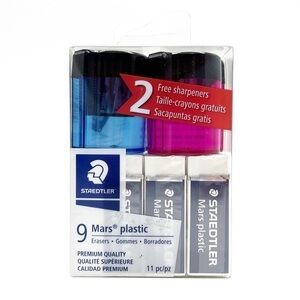 Staedtler Set of 9 Mars Erasers & 2 Manual Pencil Sharpeners Blue & Pink New NWT